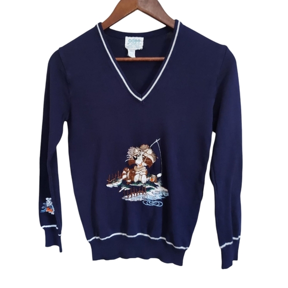 Vintage Adee of California Embroidered "Racoon Gone Fishing" V-Neck Sweater - Picture 2 of 7